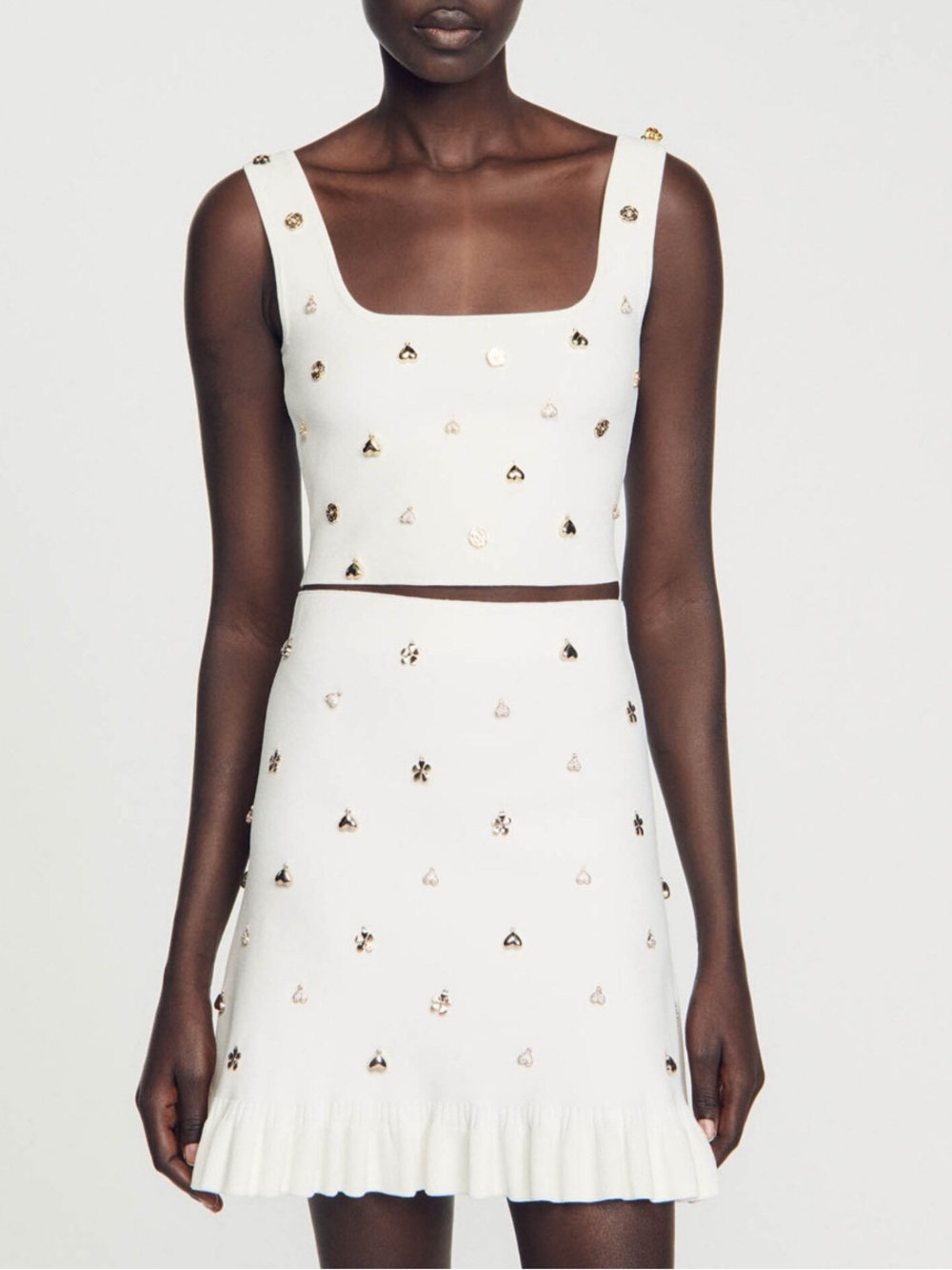 Sandro KNIT CROP TOP AND SKIRT WITH CHARMS sz M